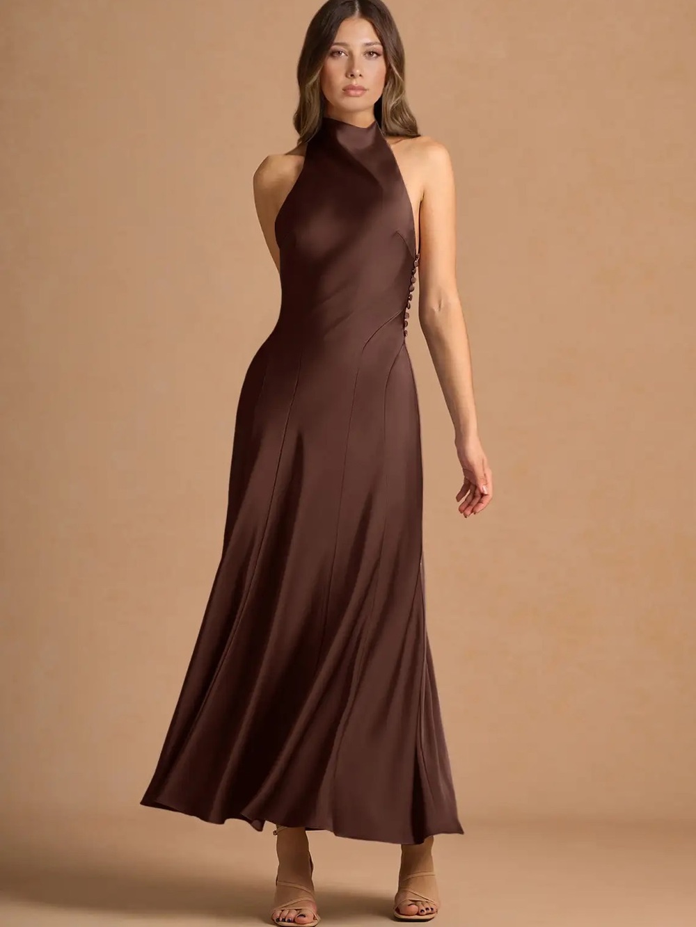 Sleeveless Halter Satin Maxi Dress in Chocolate Brown